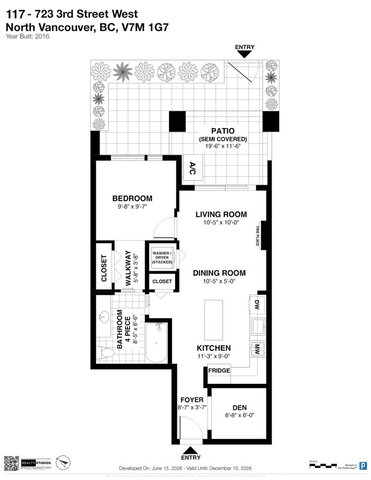 Floor plan: bedroom, living and dining room, kitchen, den, four-piece bathroom, stacked washer and dryer and a semi-covered p